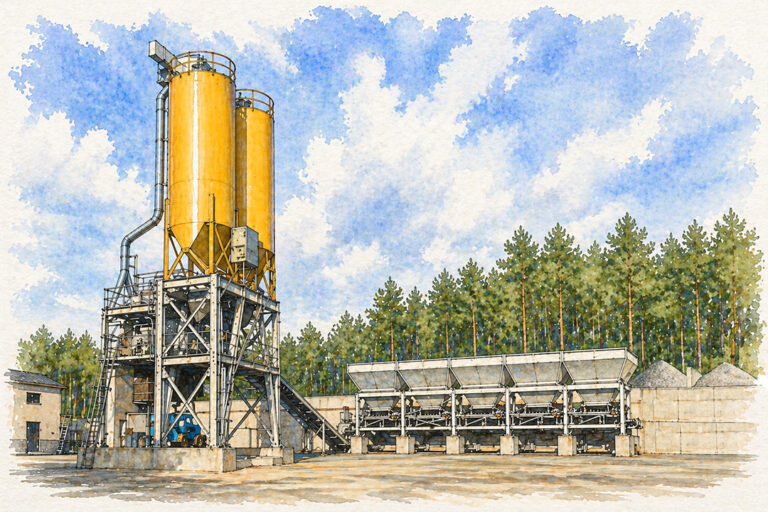 An Advantage 250™ concrete batch plant, shown with an optional 5-bin aggregate blending unit.