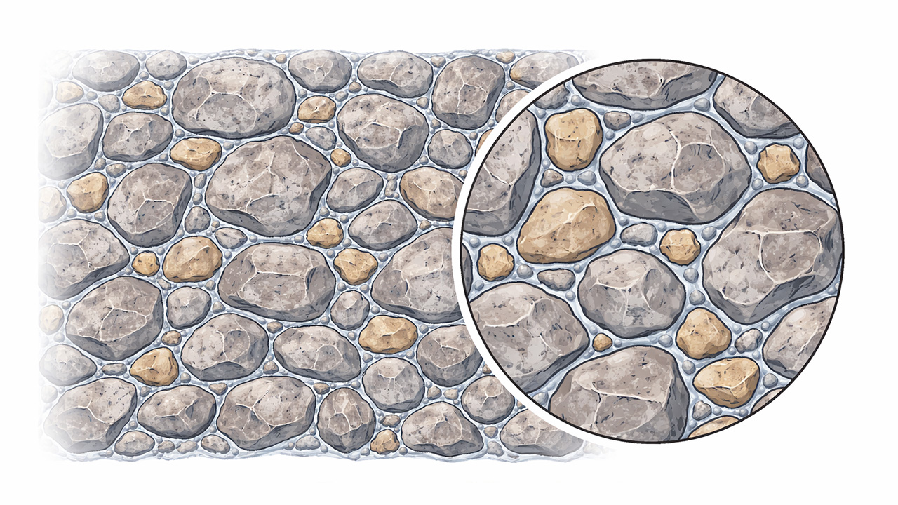 A densely blended, interlocking matrix of graded aggregates produces ready mixed concrete of superior strength and quality.