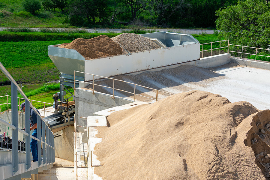 View of the aggregate blending unit and loading ramp.
