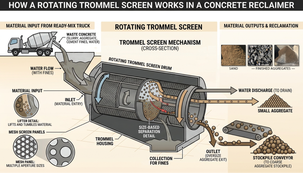 Trommel screen operation in concrete reclaimers