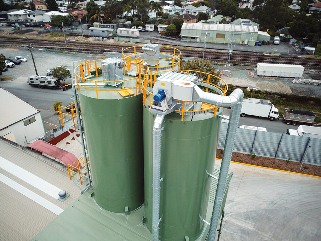 Cement silos are equipped with dedicated dust filtration and automated overfill protection.
