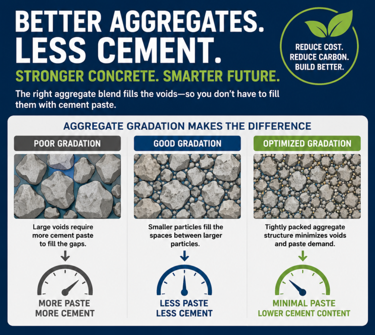 Tightly packed aggregate structure minimizes voids in ready mix concrete production.