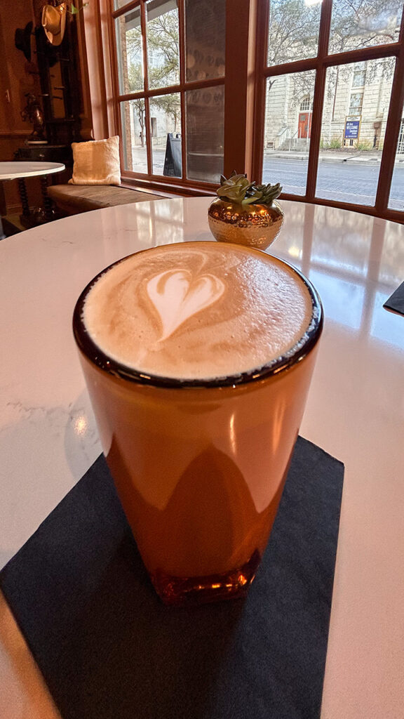 Latté at the Anacacho Coffee & Cantina Lounge.